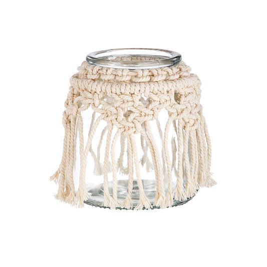 Θήκη Ρεσώ ArteLibre Με Διακόσμηση Μακραμέ Διάφανο/Μπεζ Γυαλί 12x12x13cm - Hippiehome.gr