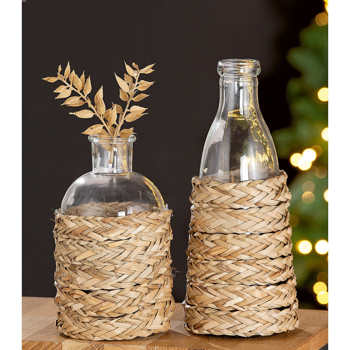 Βάζο ArteLibre Μπουκάλι Διάφανο/Φυσικό Γυαλί/Ψάθα 19.5cm - Hippiehome.gr