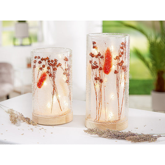 Θήκη Ρεσώ Με Αποξηραμένα Λουλούδια Φωτιζόμενη 10 LED Κρεμ Γυαλί 16cm - Hippiehome.gr
