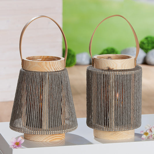 Φανάρι Κυλινδρικό Με Χερούλι Φυσικό/Γκρι Ξύλο/Γυαλί 23cm - Hippiehome.gr