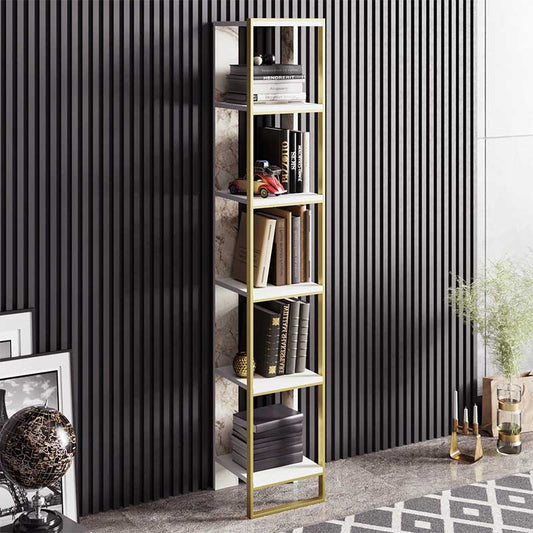Βιβλιοθήκη Marble pakoworld χρώμα λευκό μαρμάρου-χρυσό 32x31,5x178,5εκ - Hippiehome.gr