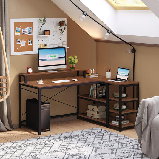 Γραφείο γωνιακό αναστρέψιμο Tebul pakoworld MDF-metal σε καρυδί απόχρωση 130x60x88εκ - Hippiehome.gr