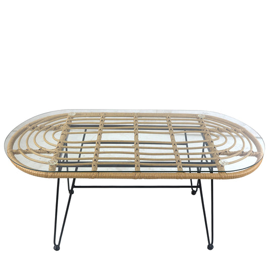 Τραπέζι Κήπου ArteLibre ARRIUS Φυσικό/Μαύρο Μέταλλο/Rattan/Γυαλί 100x45x46cm - Hippiehome.gr