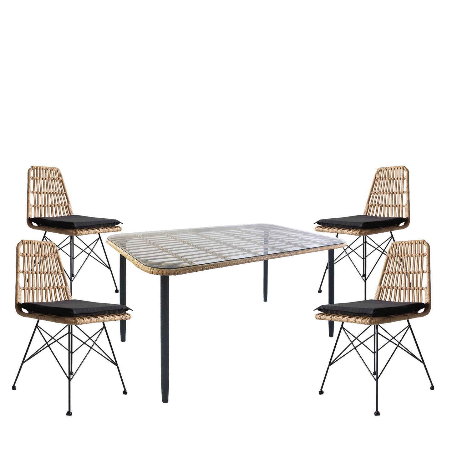 Σετ Τραπεζαρία Κήπου ArteLibre ANNIUS Φυσικό/Μαύρο Μέταλλο/Rattan/Γυαλί Με 4 Καρέκλες 14990289 - Hippiehome.gr