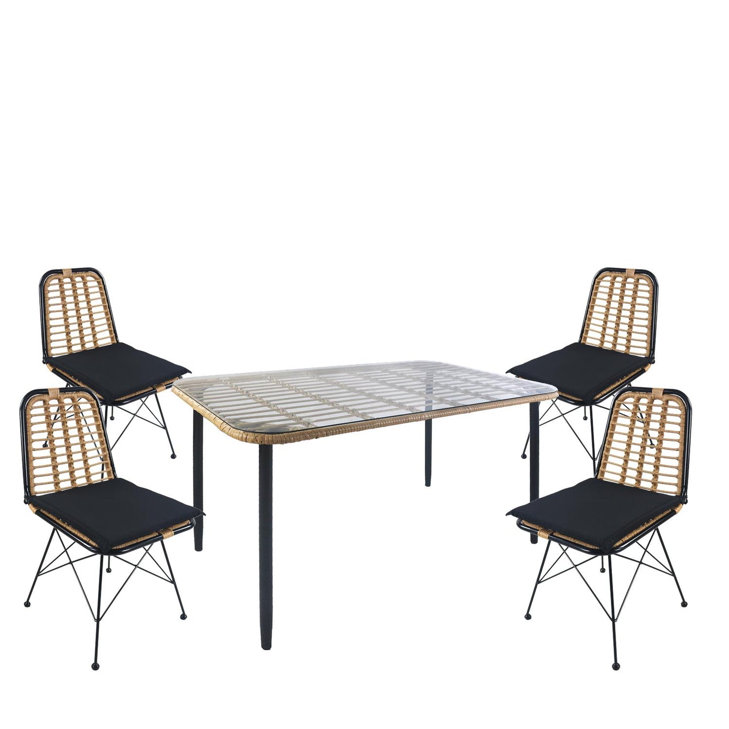 Σετ Τραπεζαρία Κήπου ArteLibre ANNIUS Φυσικό/Μαύρο Μέταλλο/Rattan/Γυαλί Με 4 Καρέκλες 14990301 - Hippiehome.gr