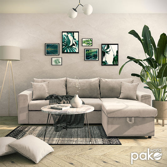 Γωνιακός καναπές-κρεβάτι αναστρέψιμος Lilian pakoworld ύφασμα μπεζ 225x148x81εκ - Hippiehome.gr