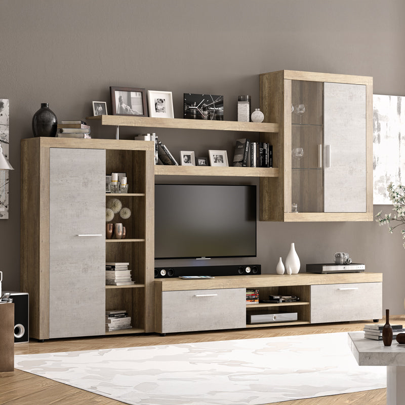 Σύνθετο σαλονιού Tesivo pakoworld σε γκρι αντικέ με καρυδί απόχρωση 292.8x45.6x199.6εκ - Hippiehome.gr