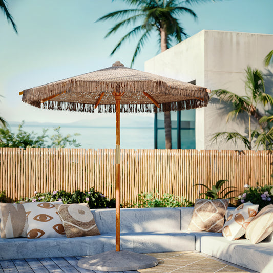 Ομπρέλα επαγγελματική Renny pakoworld μπεζ μακραμέ-ξύλο οξιάς Φ2.5m - Hippiehome.gr