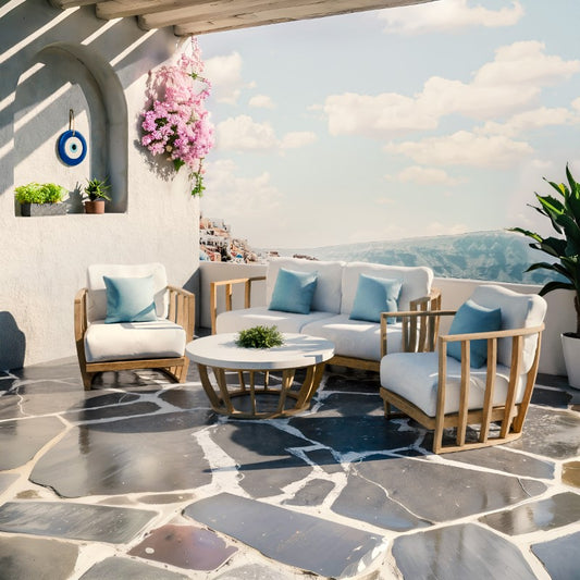 Σετ σαλονιού 4τμχ Eron pakoworld μασίφ ξύλο ευκαλύπτου-μπεζ ύφασμα - Hippiehome.gr