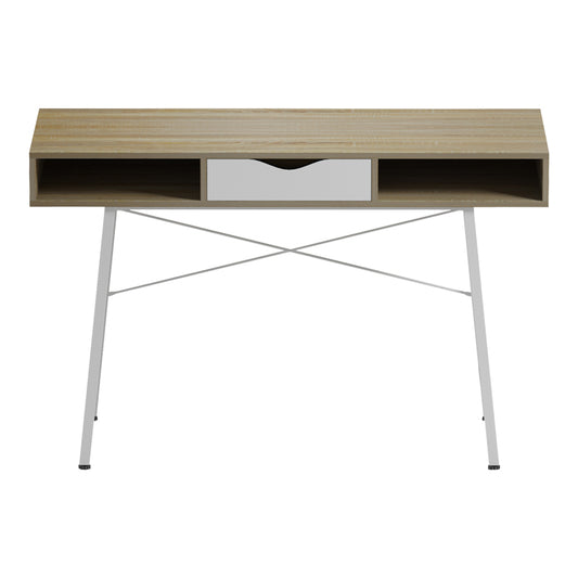 Γραφείο εργασίας Komo pakoworld σε sonoma-λευκή απόχρωση με λευκά μεταλλικά πόδια 120x48x76εκ - Hippiehome.gr
