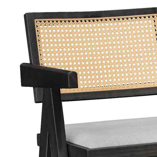 Σκαμπό bar Winslow pakoworld ξύλο rubberwood μαύρο-pvc rattan φυσικό-ύφασμα γκρι - Hippiehome.gr