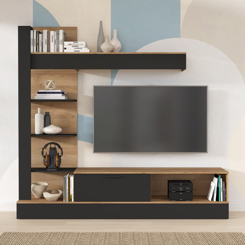 Σύνθετο σαλονιού Dranko pakoworld μαύρο-oak μελαμίνης 205x41.5x192εκ - Hippiehome.gr