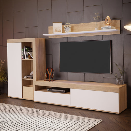 Σύνθετο σαλονιού Zorbi pakoworld λευκό-sonoma oak μελαμίνης 265x41x158.5εκ - Hippiehome.gr