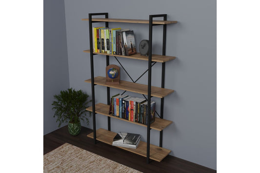 Βιβλιοθήκη Reson pakoworld oak μελαμίνης-μαύρο μέταλλο 120x34x180εκ - Hippiehome.gr