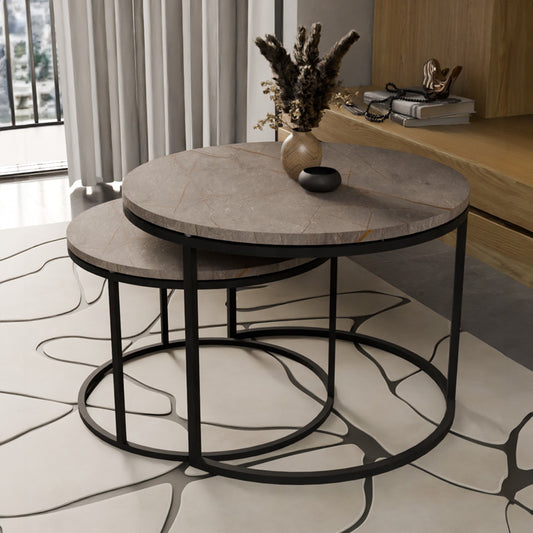 Τραπέζια σαλονιού Solme pakoworld σετ 2τεμ γκρι μαρμάρου μελαμίνης-μαύρο μέταλλο - Hippiehome.gr
