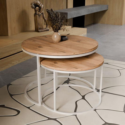 Τραπέζια σαλονιού Solme pakoworld σετ 2τεμ λευκό μέταλλο και μελαμίνη σε φυσική απόχρωση - Hippiehome.gr