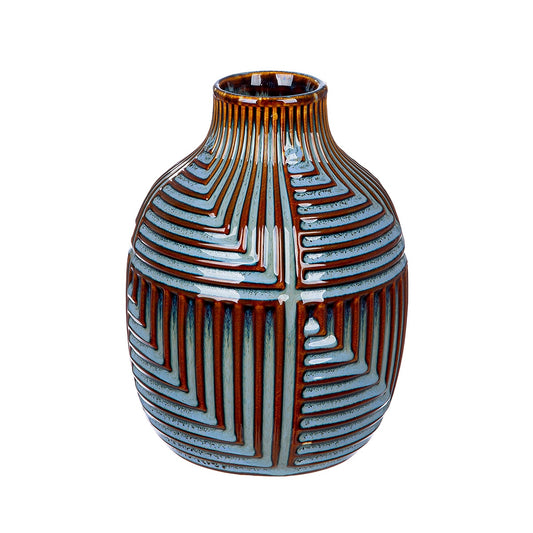 Βάζο Bulbous "Batista" Striped Κεραμικό Μπλε Brown PU H. 20 cm D. 15 cm - Hippiehome.gr