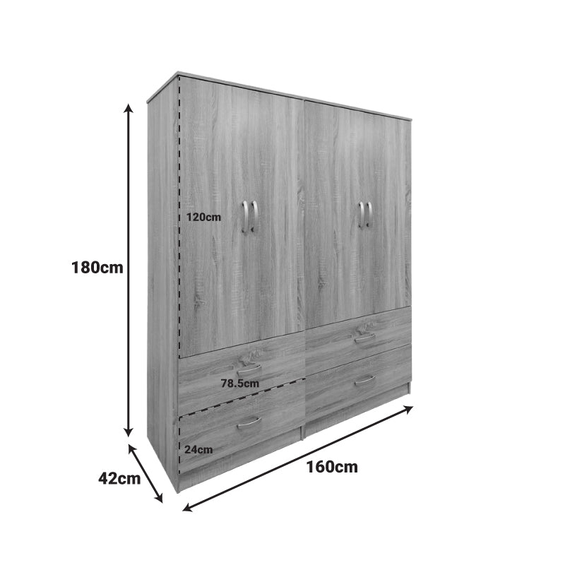 Ντουλάπα τετράφυλλη με συρτάρια Athos pakoworld sonoma 160x42x180εκ - Hippiehome.gr