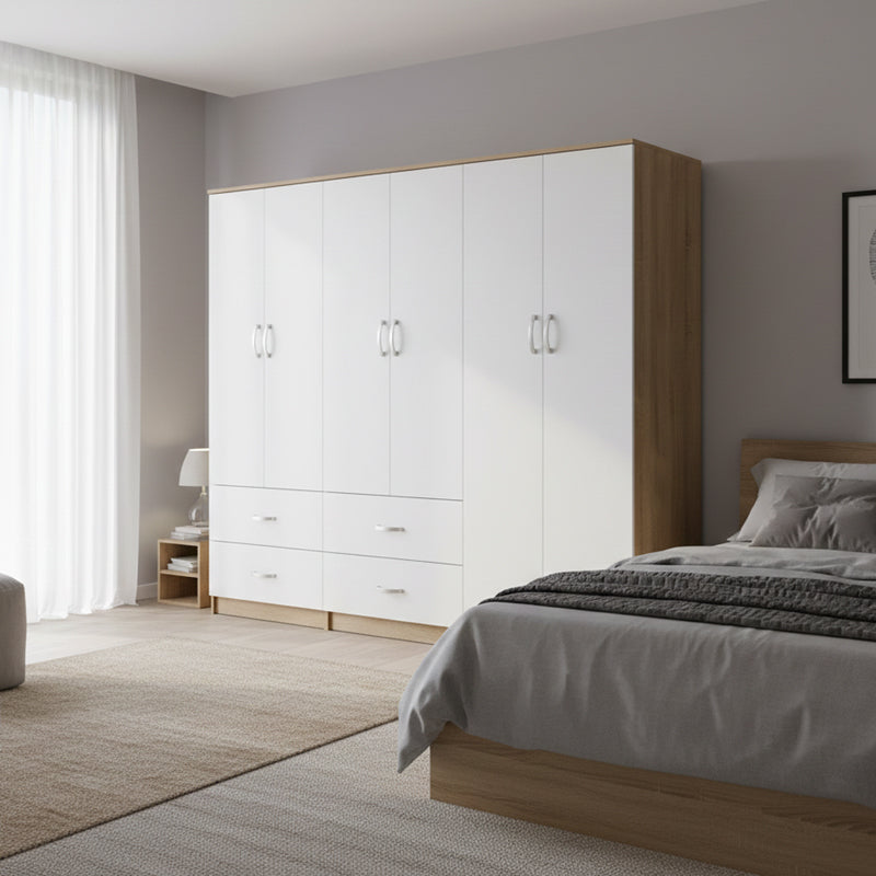 Ντουλάπα εξάφυλλη Athos pakoworld sonoma-λευκή 240x42x180εκ - Hippiehome.gr