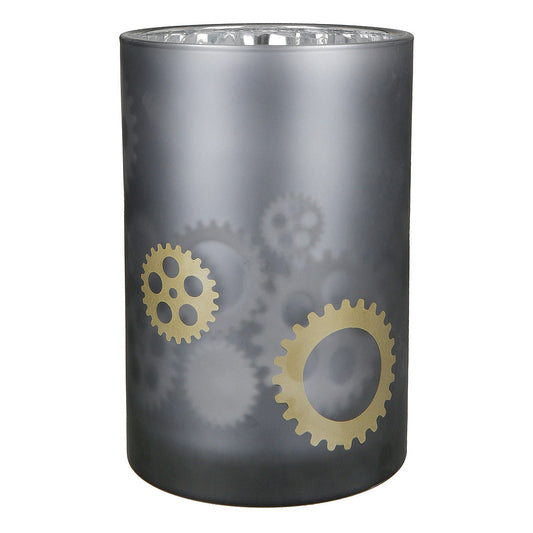 Κηροπήγιο ArteLibre Με Διακόσμηση Γρανάζια Γκρι Γυαλί Φ12x18cm - Hippiehome.gr