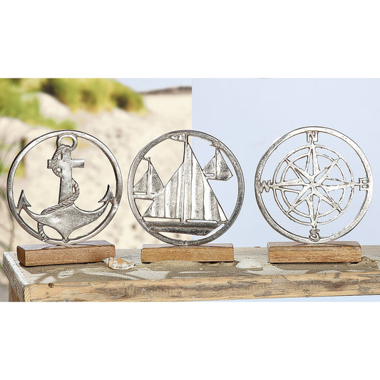 Διακοσμητικό ArteLibre Πλοίο Σε Βάση Ασημί/Φυσικό Αλουμίνιο/Ξύλο Φ22x15cm Σε 3 Σχέδια - Hippiehome.gr