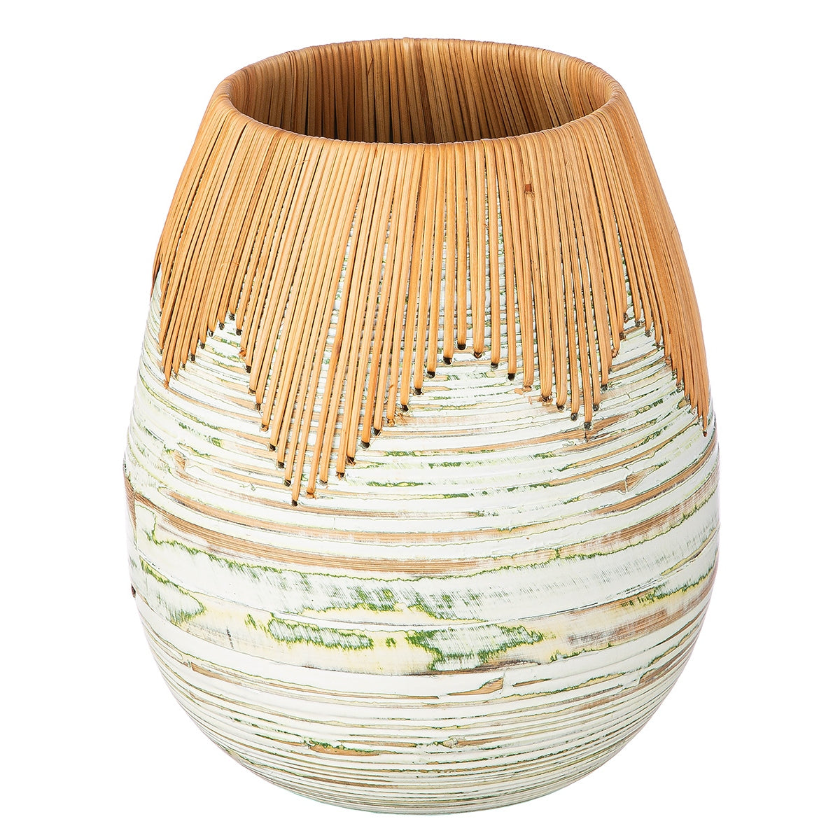 Βάζο Bulbous "Fortaleza" Bamboo Rattan Ecru Πράσινο PU H. 35 cm D. 30 cm - Hippiehome.gr