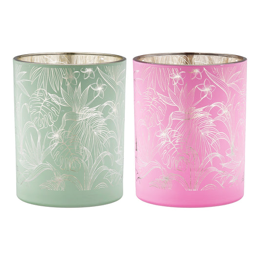 Φανάρι Καταιγίδας Cylindrical "Tropic" Leaf Motif Γυάλινο Πράσινο Pink PU Pcs. Assorted H. 125 cm D. 10 cm - Hippiehome.gr