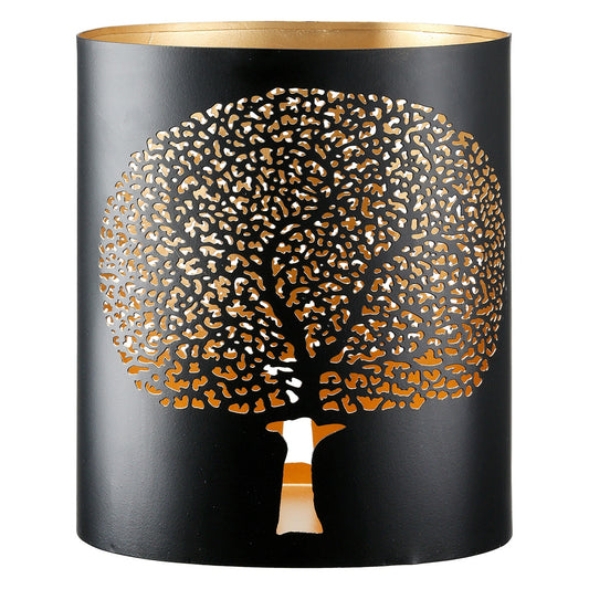 Φανάρι Καταιγίδας Cylindrical "Solitary Tree" Δέντρο Motif Μέταλλο Μαύρο Χρυσό PU 14x10x15cm - Hippiehome.gr