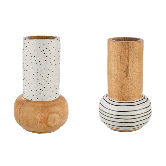 Βάζο "Black & White" Dotted Striped Ξύλο Ecru Λευκό PU Pcs. Assorted H. 19 cmd. 12 cm - Hippiehome.gr