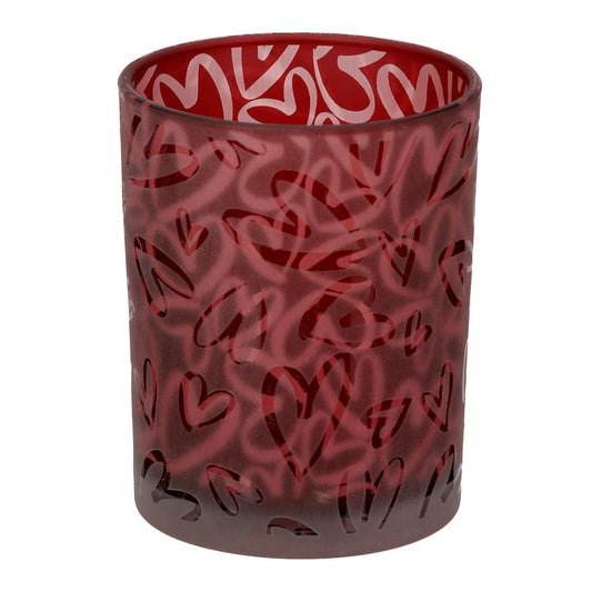 Φανάρι κυλινδρικό μοτίβο καρδιάς γυάλινα σκεύη κόκκινο D10X13Cm D10X13Cm - Hippiehome.gr