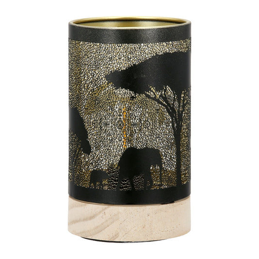 Φανάρι (Led) Κυλινδρικό Μοτίβο Ελέφαντα Μεταλλικό Μαύρο D9X15Cm D9X15Cm - Hippiehome.gr