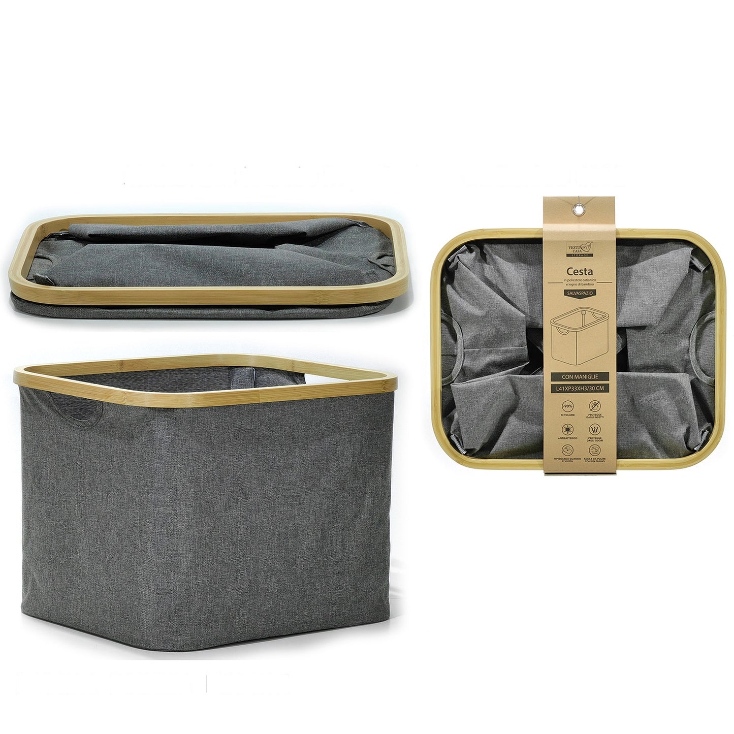 Καλάθι Γκρι Πολυεστέρας/Μπαμπού 41x33x30cm - Hippiehome.gr