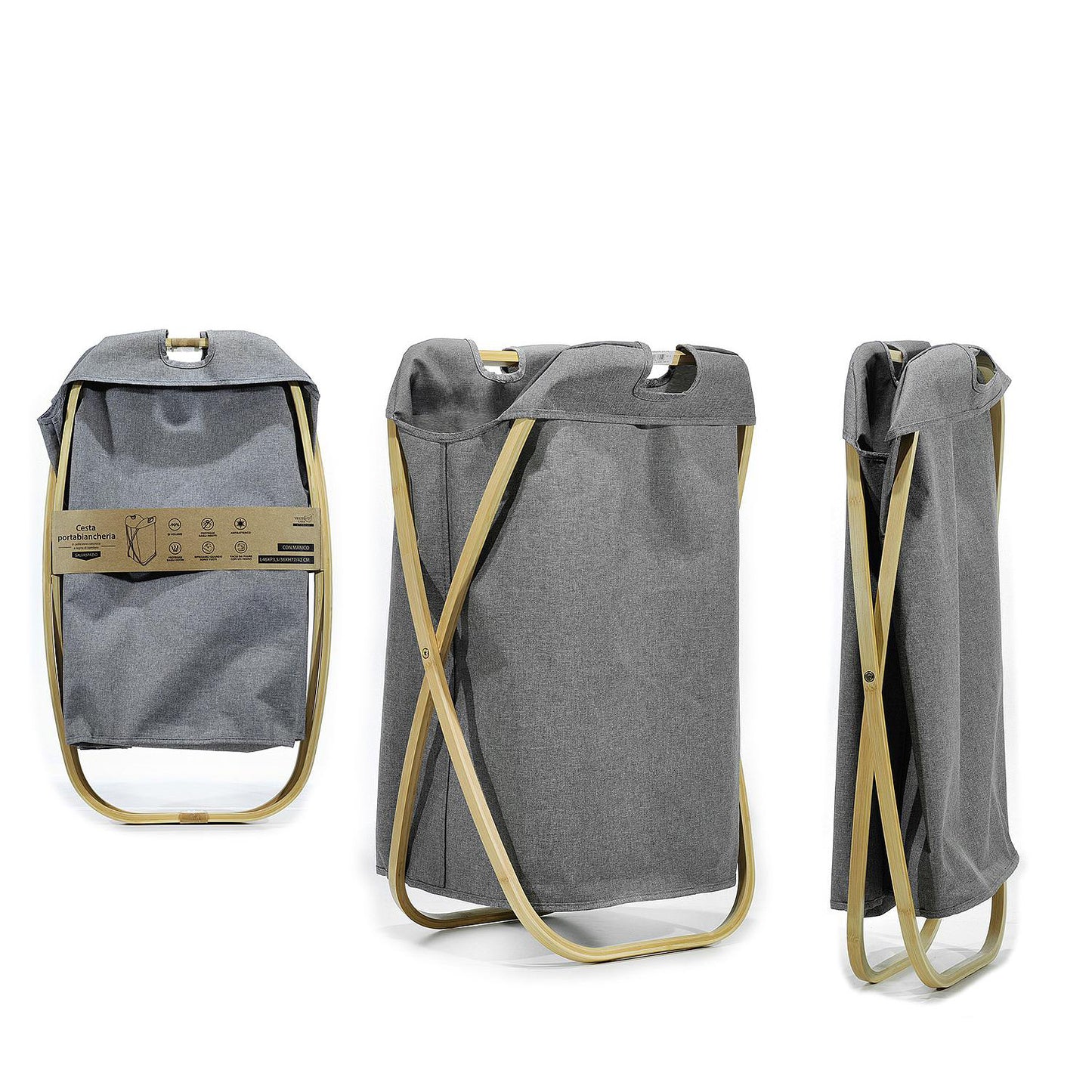 Καλάθι Απλύτων Πτυσσόμενο Με Polyester 600D Θήκη Γκρι/Φυσικό Ύφασμα/Ξύλο 46x36x72cm - Hippiehome.gr