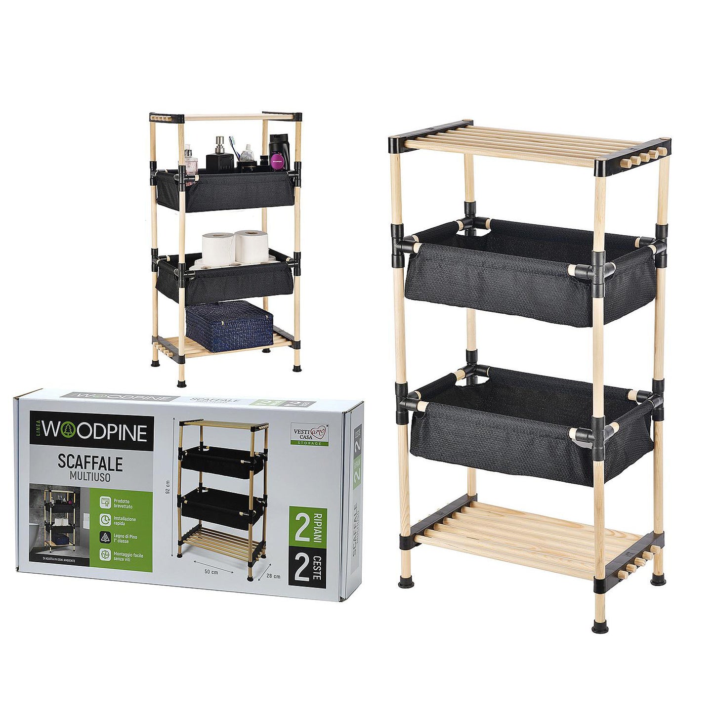 Ραφιέρα Επιδαπέδια Με 2 Ράφια 2 Καλάθια Φυσικό/Μαύρο Ξύλο/Ύφασμα 50x28x92cm - Hippiehome.gr