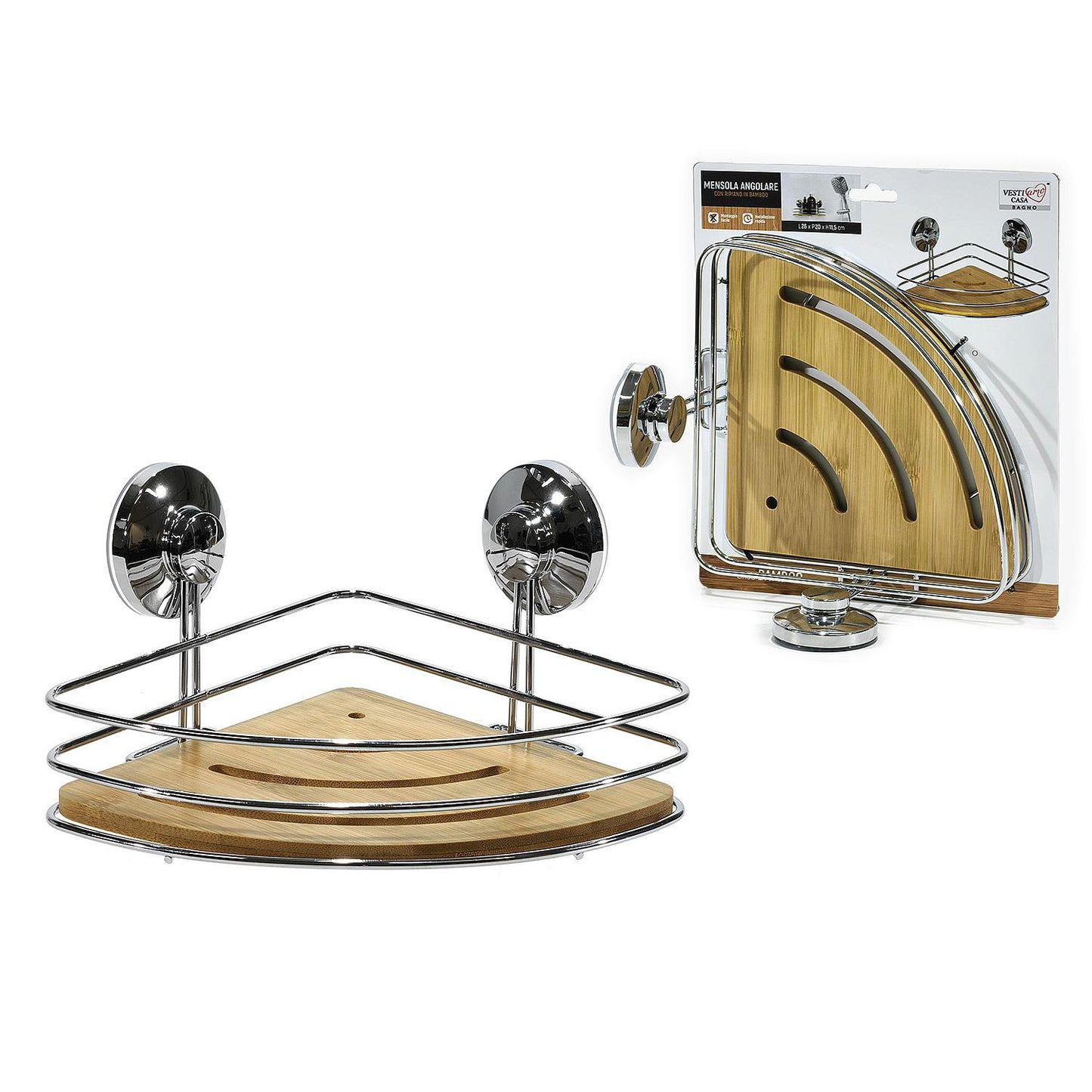 Ράφι Μπάνιου Γωνιακό Με Βεντούζες Ασημί/Φυσικό Μέταλλο/Ξύλο 20x11.5x26cm - Hippiehome.gr