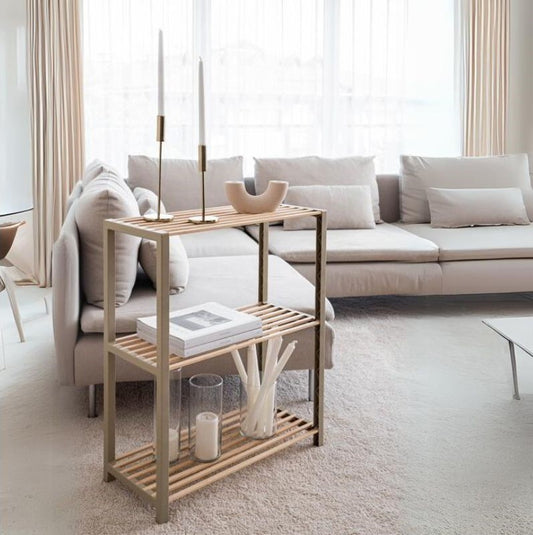 Ραφιέρα δαπέδου - Τραπεζάκι βοηθητικό ξύλινο - πλαστικό χρώμα φυσικό - μπεζ 65x29x78εκ. - Hippiehome.gr