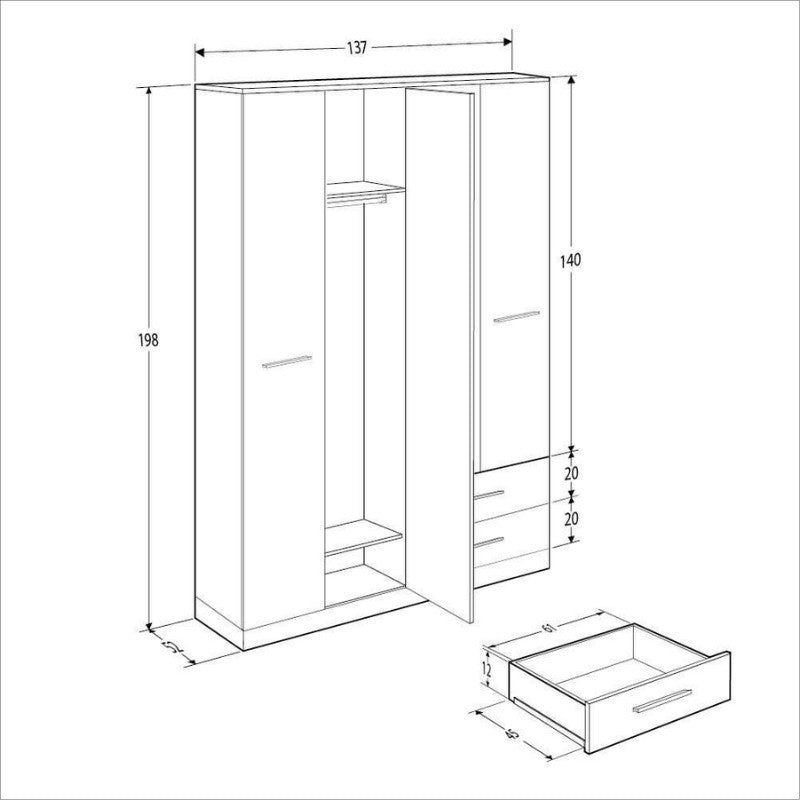 Ντουλάπα ρούχων Base Megapap τετράφυλλη με συρτάρια σε χρώμα λευκό - sonoma 137x52x198εκ. - Hippiehome.gr