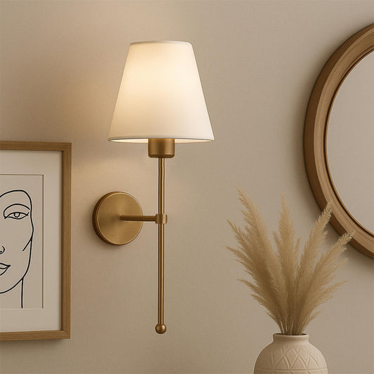 Απλίκα τοίχου Verma Megapap E27 υφασμάτινη - μεταλλική χρώμα χρυσό - κρεμ 13x13x50εκ. - Hippiehome.gr