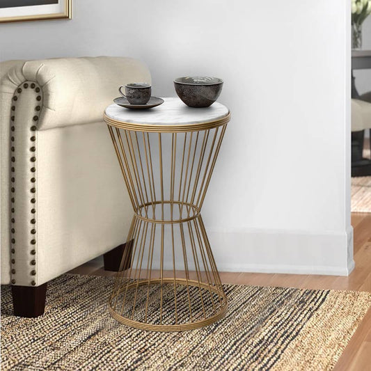 Βοηθητικό τραπεζάκι Hoffman Megapap μεταλλικό - Mdf χρώμα χρυσό - λευκό εφέ μαρμάρου 35x35x58εκ. - Hippiehome.gr