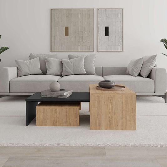 Τραπεζάκι σαλονιού σετ 3 τμχ. Kanta Megapap χρώμα sapphire oak - silky black 80x50x40,5εκ. - Hippiehome.gr