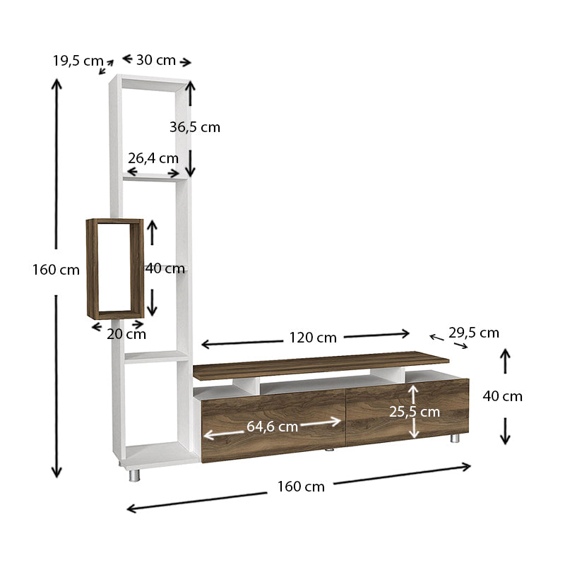 Σύνθεση τηλεόρασης Tulip Megapap από μελαμίνη χρώμα λευκό - καρυδί 160x29,5x160εκ. - Hippiehome.gr
