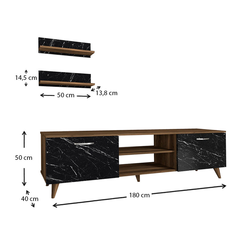Έπιπλο τηλεόρασης Geacles Megapap από μελαμίνη χρώμα καρυδί - μαύρο εφέ μαρμάρου 180x40x50εκ. - Hippiehome.gr