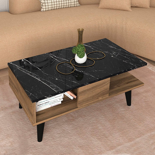 Τραπεζάκι σαλονιού Andros Megapap χρώμα καρυδί - μαύρο εφέ μαρμάρου 90x54x39,6εκ. - Hippiehome.gr
