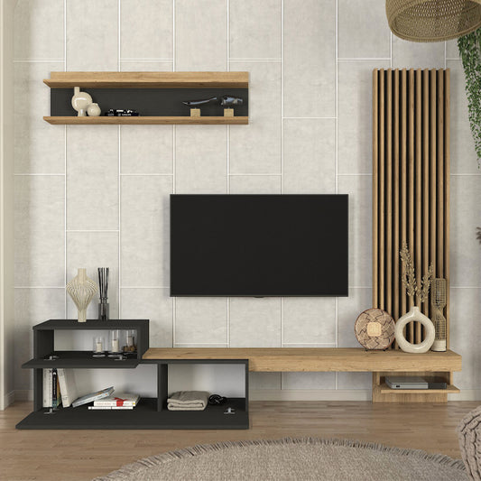 Σύνθεση τηλεόρασης Dumont Megapap χρώμα ανθρακί - sepet oak 240x36,8x200εκ. - Hippiehome.gr