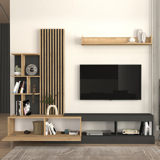 Σύνθεση τηλεόρασης Vermont Megapap χρώμα ανθρακί - sepet oak 240x40x192εκ. - Hippiehome.gr