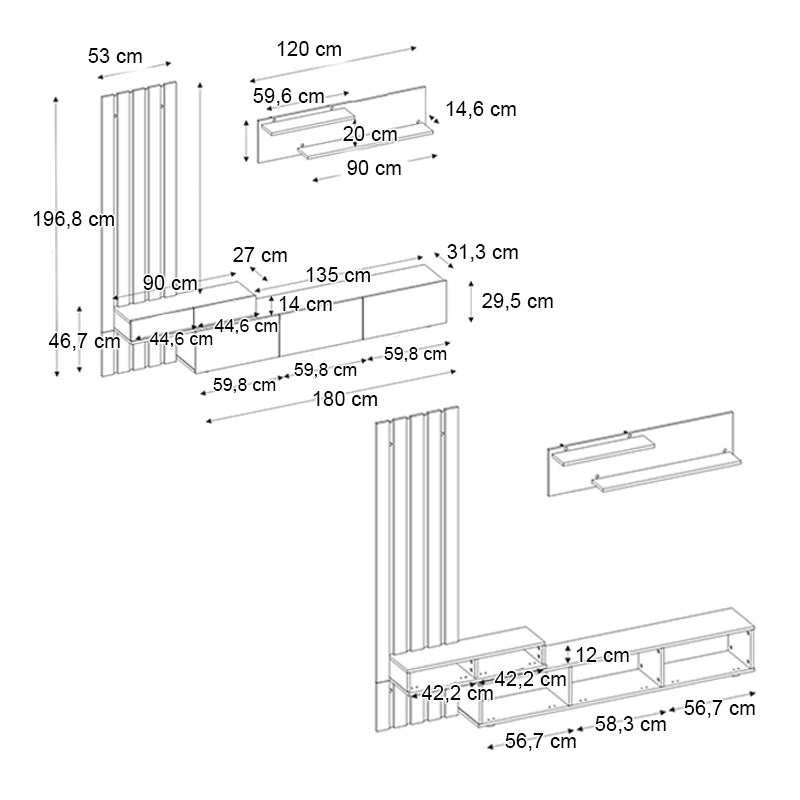 Σύνθεση τηλεόρασης Rosaline Megapap χρώμα ανθρακί - sepet oak 233x31,3x196,8εκ. - Hippiehome.gr