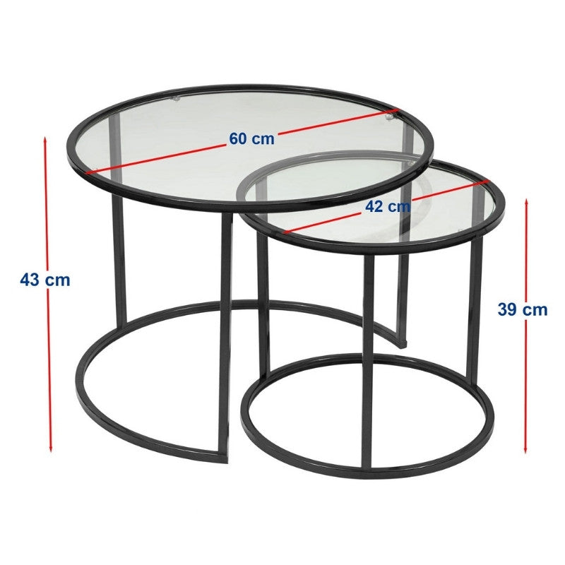 Τραπεζάκι σαλονιού σετ 2 τμχ Vetro Megapap μέταλλο - γυαλί χρώμα μαύρο Ø60x43εκ. - Hippiehome.gr