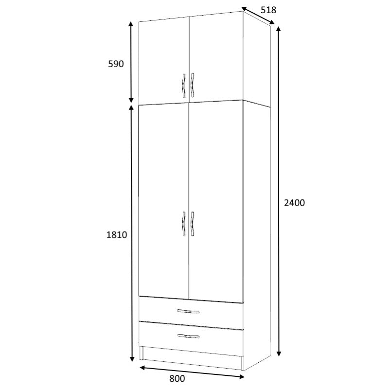 Ντουλάπα ρούχων Ricardo Megapap δίφυλλη με πατάρι και συρτάρια χρώμα καρυδί 80x51,8x240εκ. - Hippiehome.gr