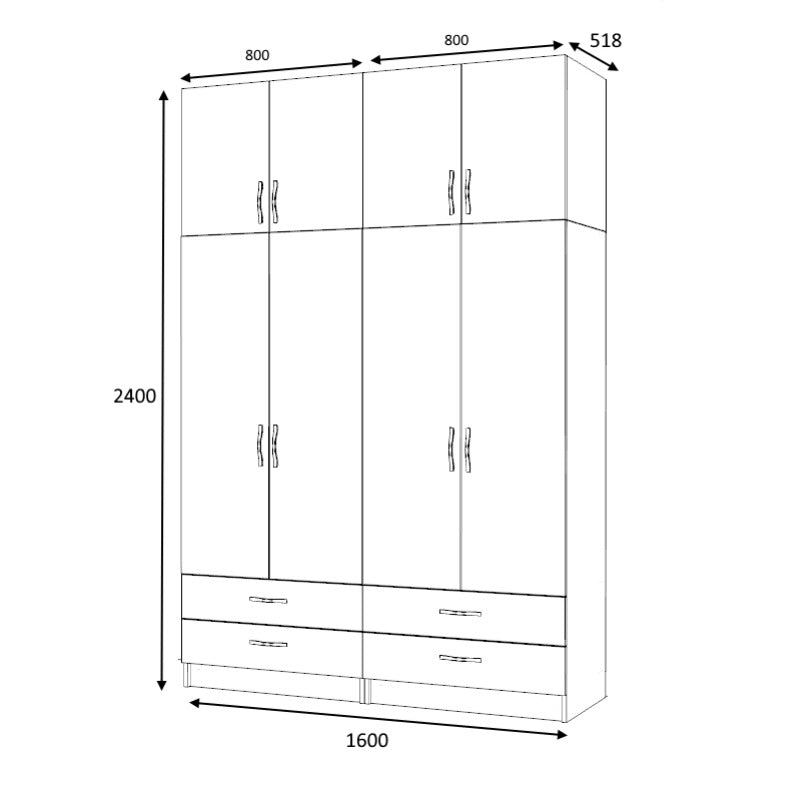 Ντουλάπα ρούχων Ricardo Megapap τετράφυλλη με πατάρι και συρτάρια χρώμα καρυδί 160x51,8x240εκ. - Hippiehome.gr