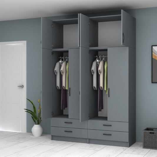 Ντουλάπα ρούχων Ricardo Megapap τετράφυλλη με πατάρι και συρτάρια χρώμα ανθρακί 160x51,8x240εκ. - Hippiehome.gr